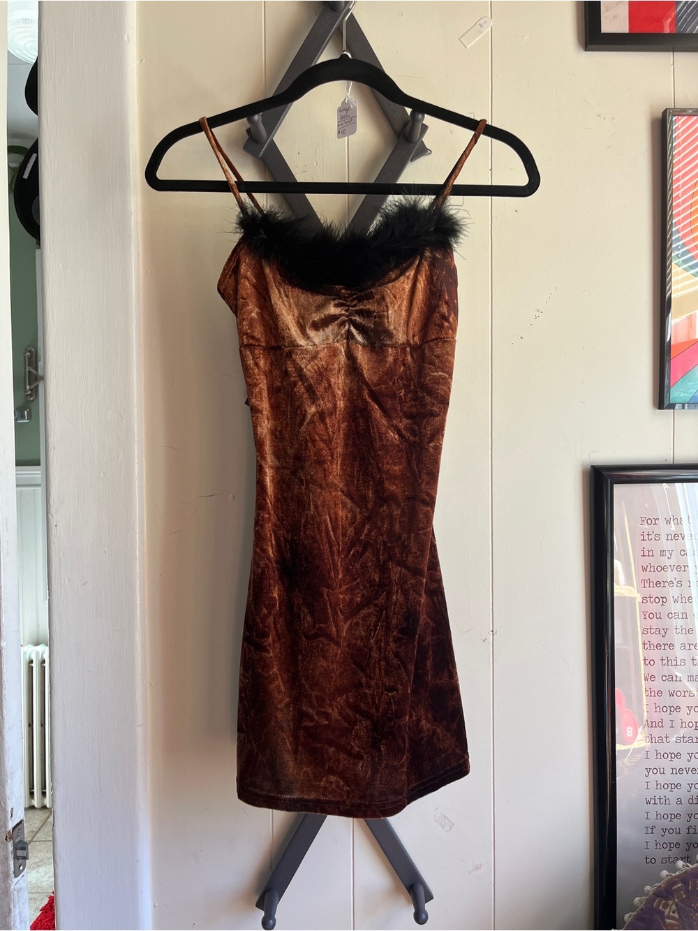 Velvet Brown Slip Dress with Feather Trim